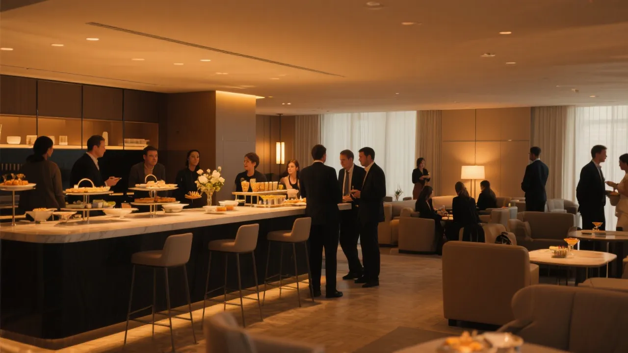 贵宾休息室与赛前餐饮氛围图：灯光温暖、人们轻松交流